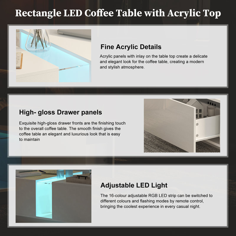Luxurious 40"W LED Coffee Table with Acrylic Tabletop & High Gloss Drawer, White