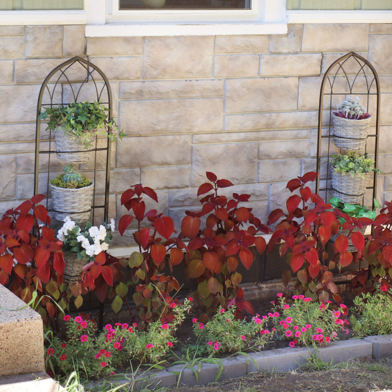 Black Steel Arched Garden Trellis with Flowerpot Supports, Set of 2