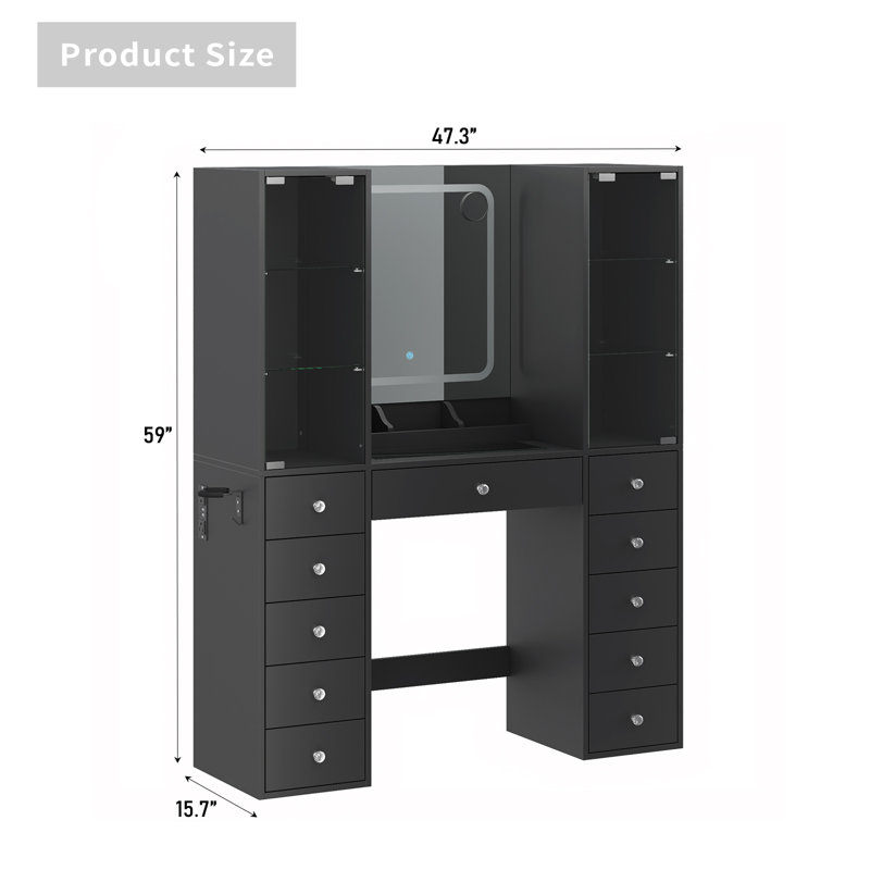 11 Drawers Makeup Vanity With Charging Station, Vanity Desk With LED Mirror & 2 Glass Cabinet, 3 Color Modes, Brightness Adjustable, Vanity Set With Glass Top , Makeup Table With Chair For Bedroom