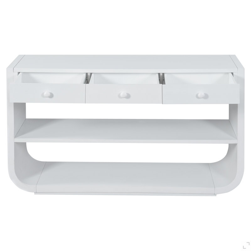 Console moderne courbée avec 3 tiroirs à fermeture en douceur et 2 tablettes ouvertes, base en bois massif, table de vestibule pour le vestibule du salon