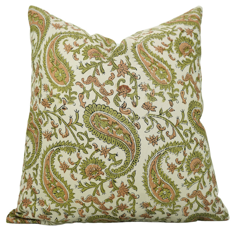 Housses de coussin en lin en coton à imprimé bloc Fab divine, fabriquées à la main (kiara, vert), H 16 po x l 16 po, Carré