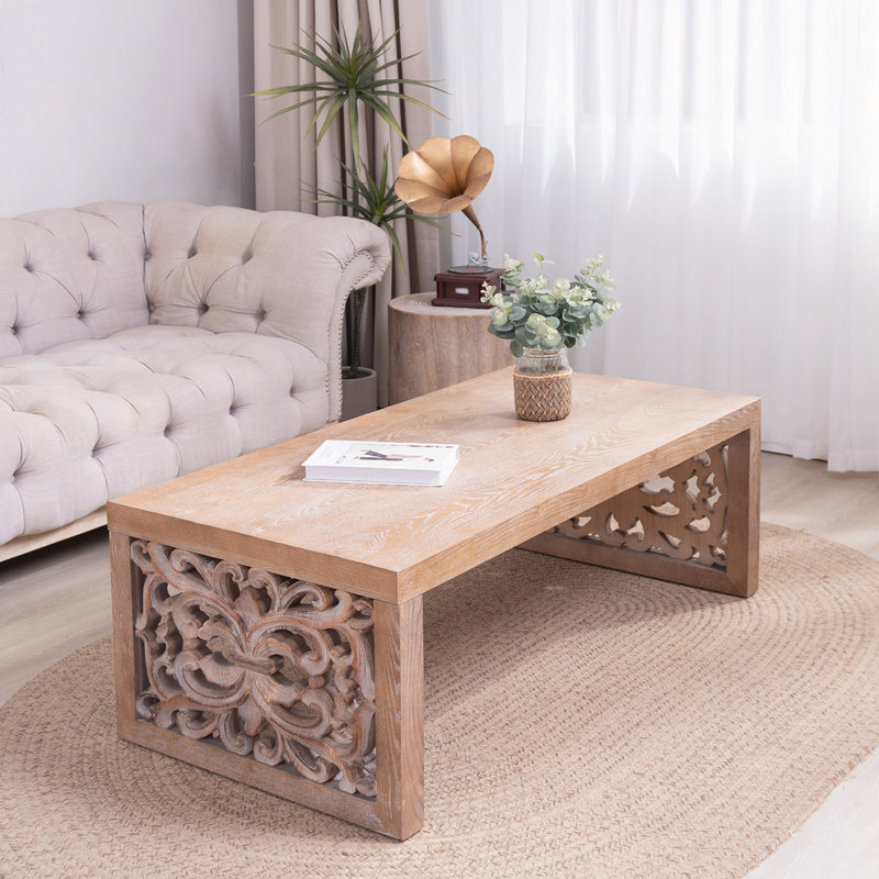 47.2" Rustic Carved Wood Coffee Table – Handcrafted Look, Natural