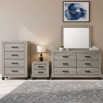 Ensemble de chambre à coucher de style transitionnel avec commode à 6 tiroirs, miroir, commode et table de chevet 4 pièces