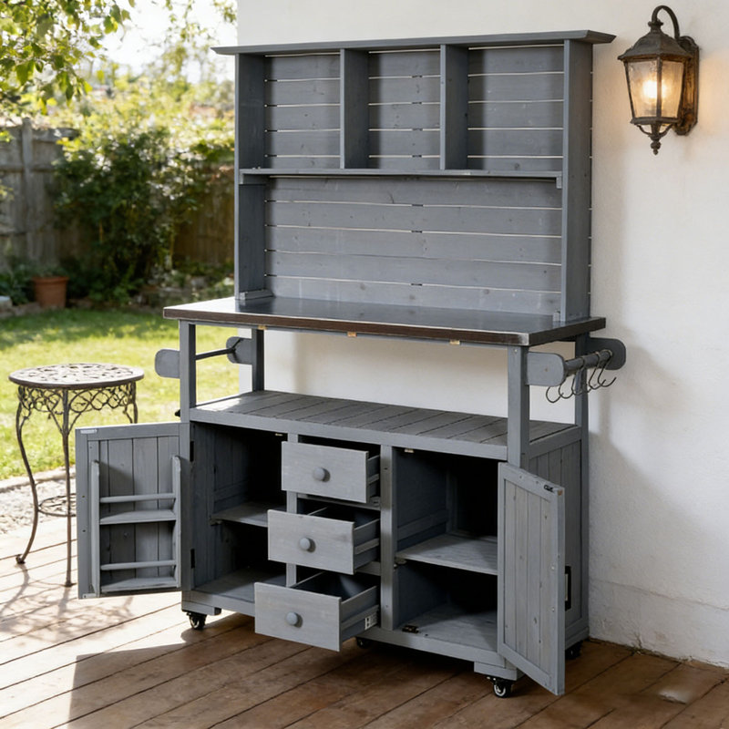 65''H Large Garden Storage Potting Bench with Lockable Wheels, Wood Outdoor Kitchen Island with Stainless Steel top, Gray