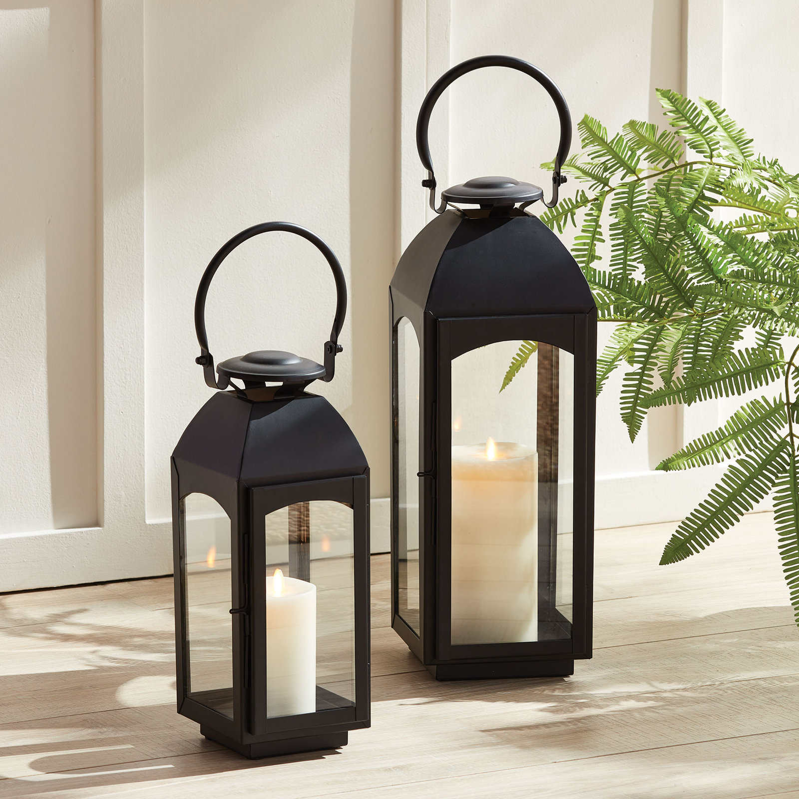 Furlane Iron Lantern Candle Holder, Black,  15.75" H x 6.5" W x 6.5" D