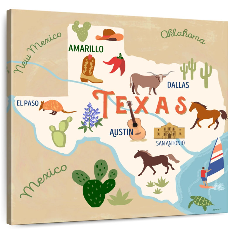 Aliaz State Maps - Texas Attractions, 33" H x 33" W
