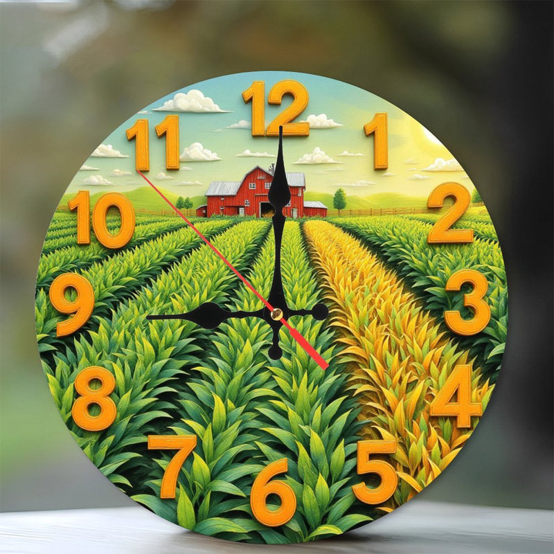 scène de ferme horloge champ de maïs grange