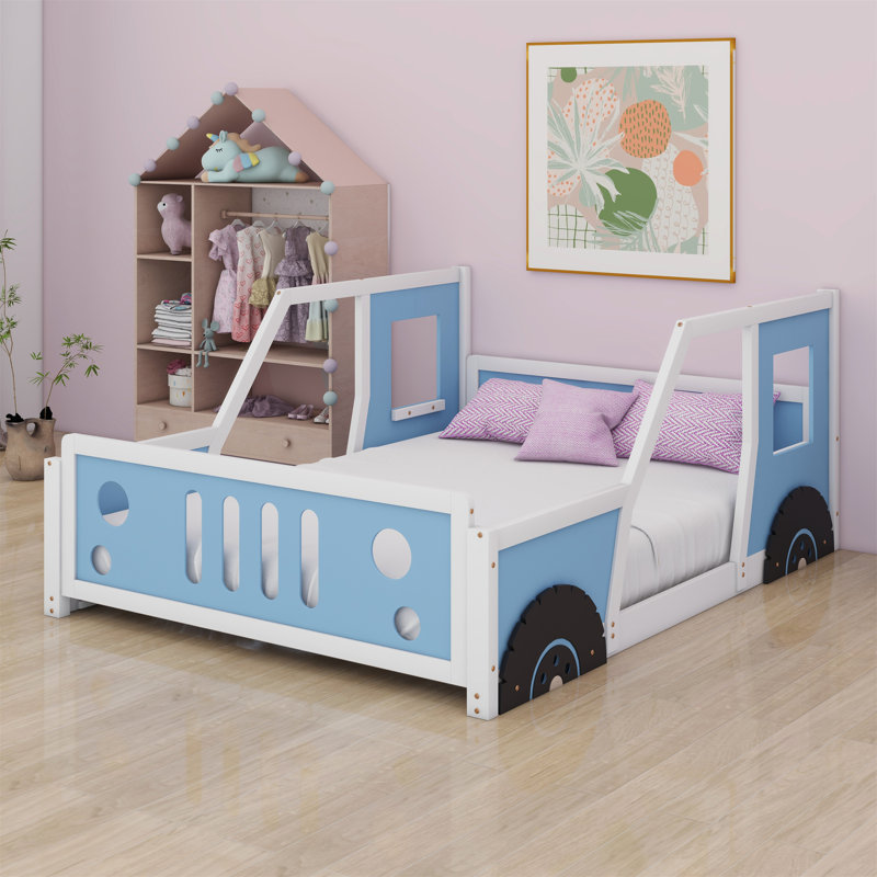 Lit plateforme classique avec roulettes en forme de voiture, Bleu / blanc