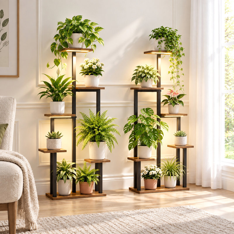 Support pour plantes d'intérieur en métal de 40,5 po de hauteur avec lampe de croissance (ensemble de 2), Black