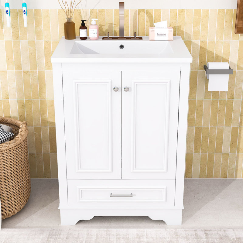 Meuble-lavabo compact de 24 po avec tablettes réglables et lavabo durable, Blanc