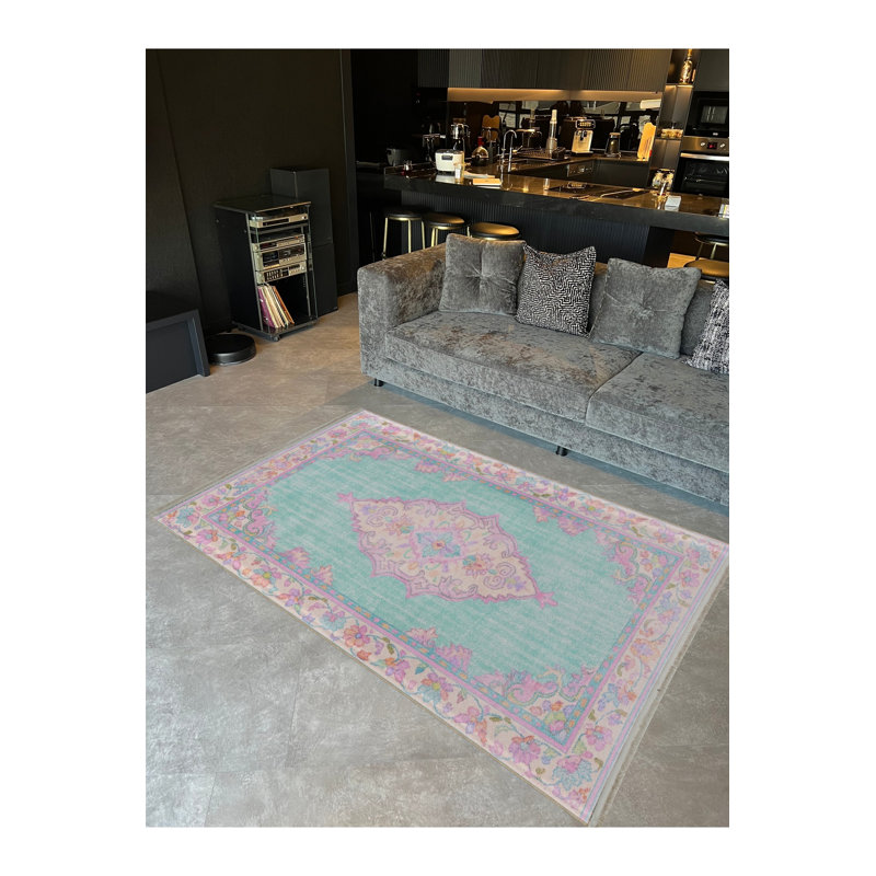 Tapis bleu tissé à envers lavable traditionnel Mosso, 3'3" x 4'11"