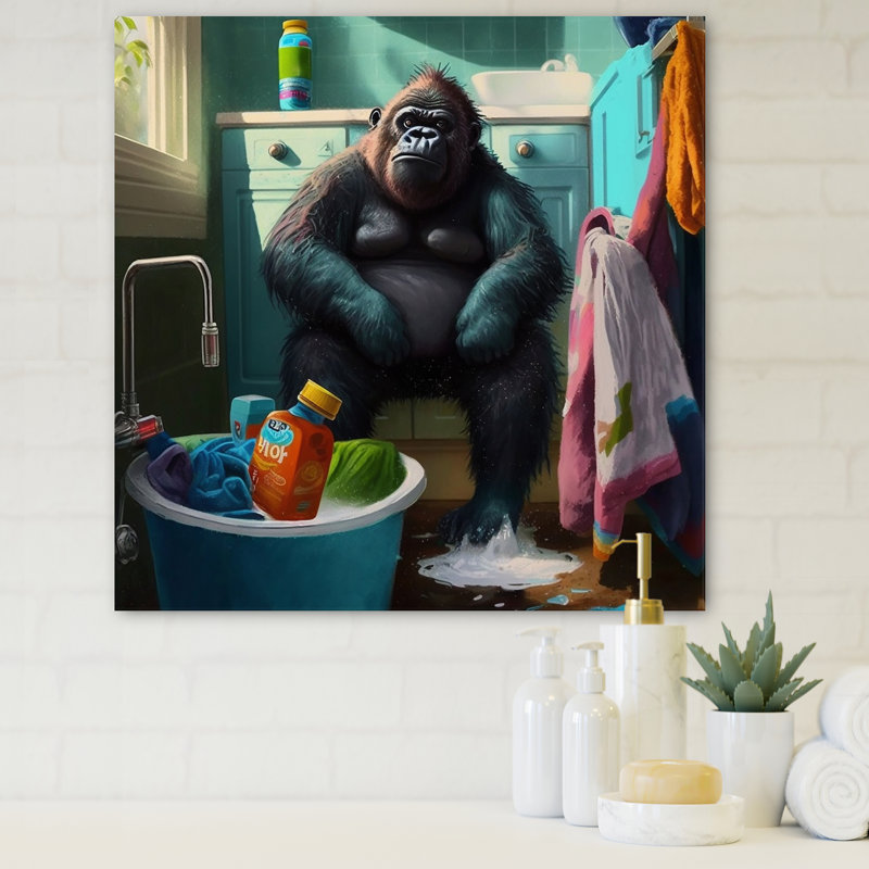 Drôle de singe faisant la lessive - animaux, art mural sur toile, H 24 po x l 24 po x P 1 po