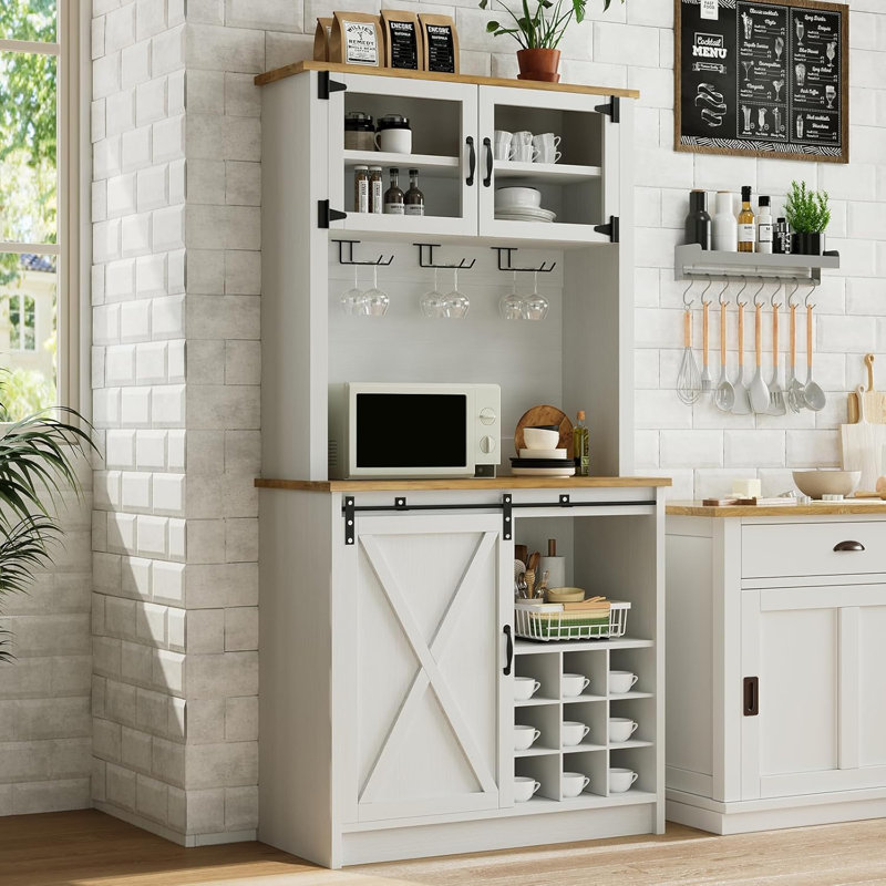 72" Farmhouse Coffee Bar Cabinet with Sliding Barn Door, Coffee Bar with Storage, Large Kitchen Buffet Cabinet with Wine Rack, Tall Bar Cabinet Table Living Dining Room