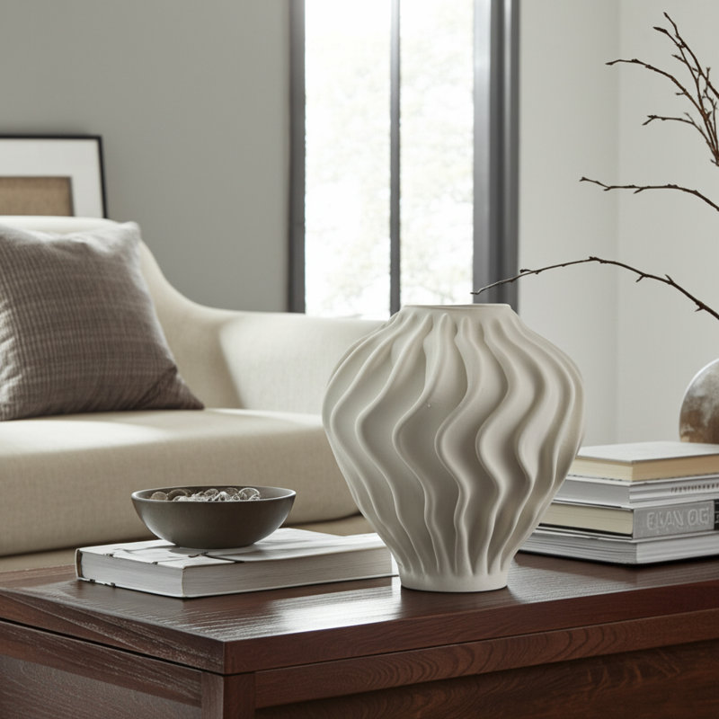 Vase en porcelaine, décor décoratif sculpté avec motif texturé en forme de vague, forme organique moderne, fabrication artisanale d'inspiration artistique en céramique
