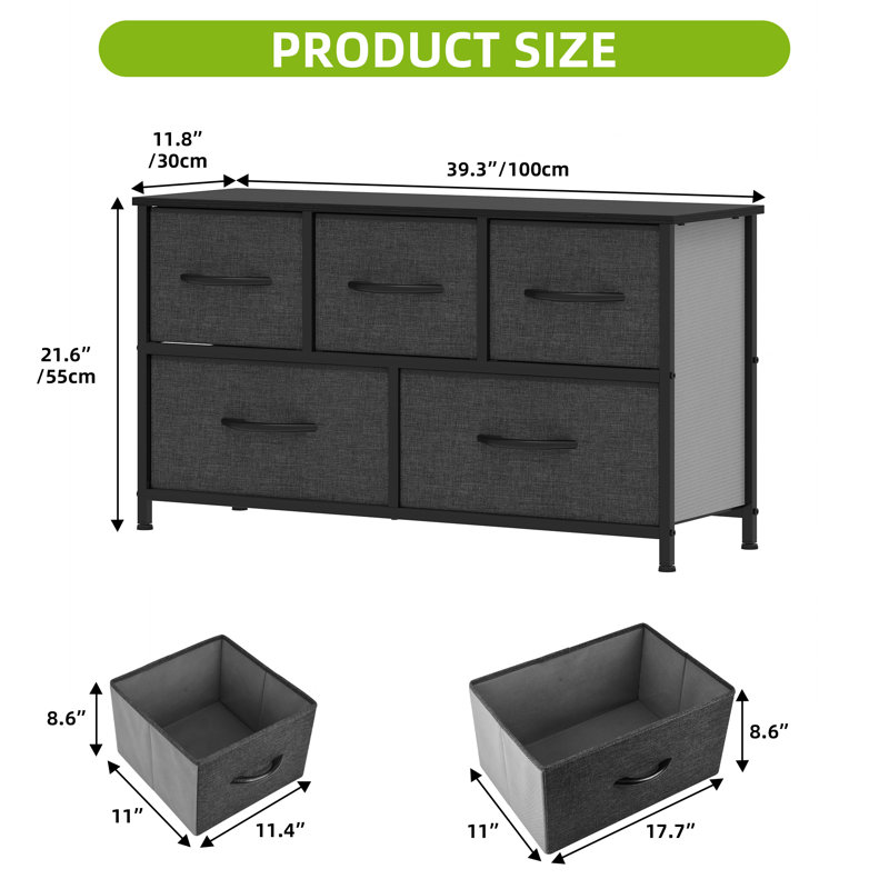 100 cm W Chest of 5 Drawers, Black+Grey