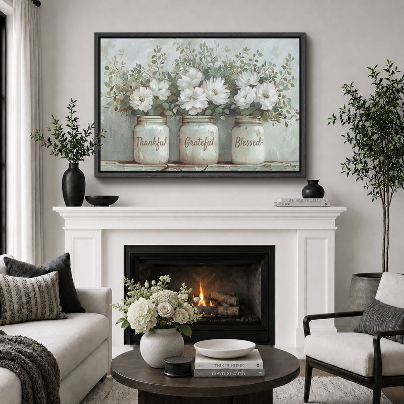 «Thankful Grateful Blessed Inspirational Green Floral Rustic Mason Jar», grande impression sur toile, H 24 po x l 36 po