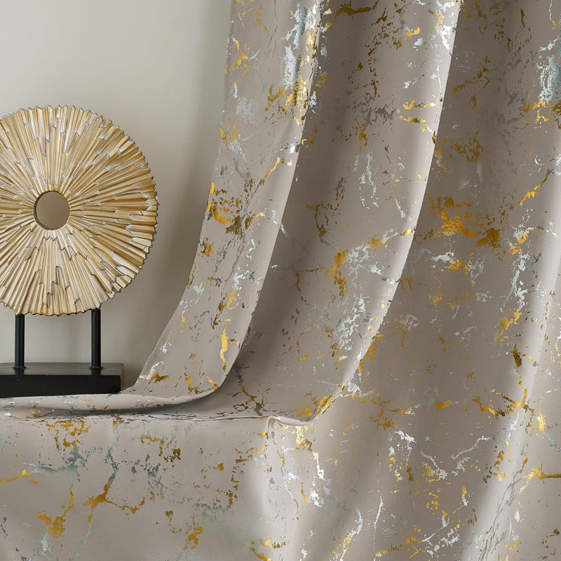 100% Blackout Curtains, Grommet Pattern Gold Foil Printed Window Treatments Room Darkening Drapes for Bedroom, 2 Panels