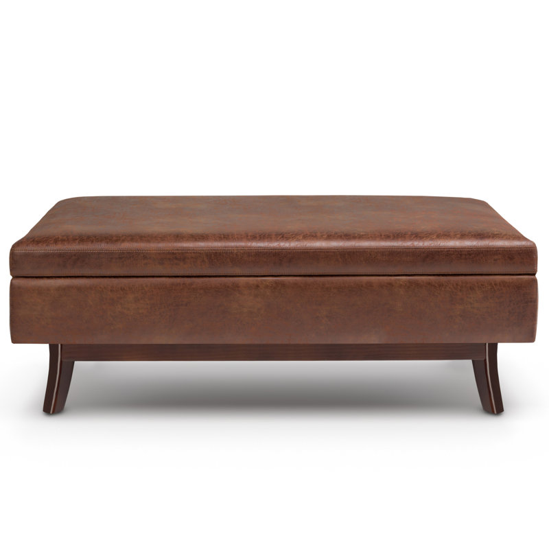 Owen 48"W Upholstered Storage Ottoman with Lift Top and Solid Wood Legs, Saddle Brown Faux Distressed Leather