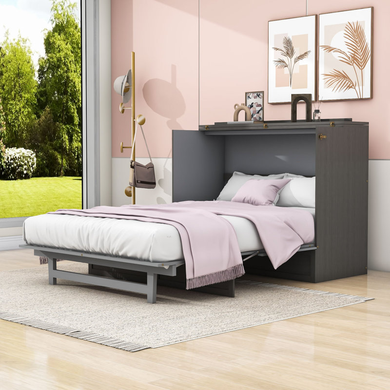 Wooden 2 Drawer Murphy Bed with USB Ports and Built-in Outlets, Brushed Gray, Full