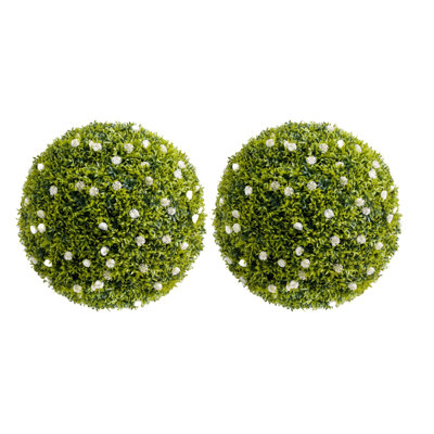 Large Artificial Boxwood Topiary Balls with White Flowers – 2 Pack Realistic Faux Greenery Plant Orbs for Indoor Outdoor Home, Porch, Garden, or Wedding Décor – 2pcs, White