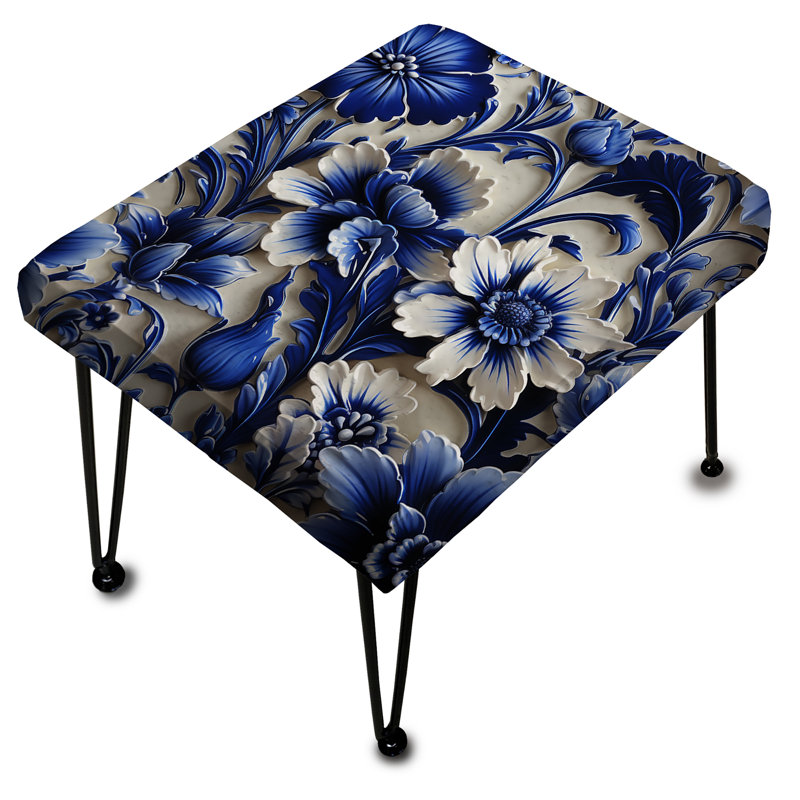 Cobalt Blue Neo Gothic Victorian Pattern I - Floral Rectangle Ottoman
