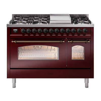 ILVE Nostalgie II Series 48 in. Dual Fuel Range with 8 Sealed Burners, Griddle (Liquid Propane, Glass Door)