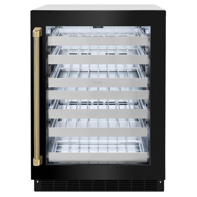 ZLINE Autograph 24 in. Touchstone Dual Zone 44 Bottle Wine Cooler with Black Stainless Steel Glass Door and Helix Handle on Fridge.com