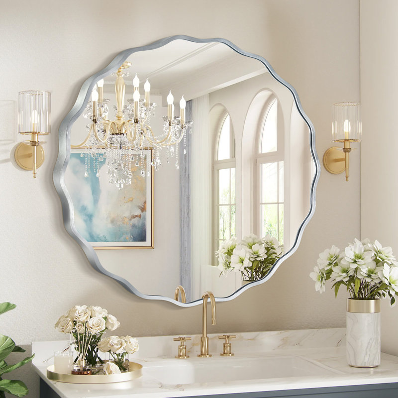 Scalloped Round Metal Wall Mirror, Silver, 23.6" x 23.6"