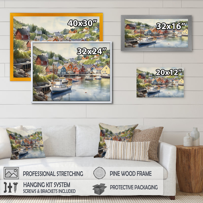 Petite ville portuaire de la Norvège III - Impression sur toile encadrée, H 12 po x l 20 po x P 1 po