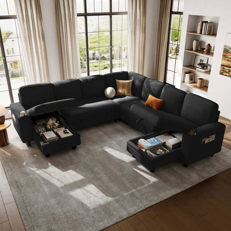  Sherry 106" Upholstered Modular Corner Sectionals with Pull-out Sofa, Storage, USB Charging & Cup Holders