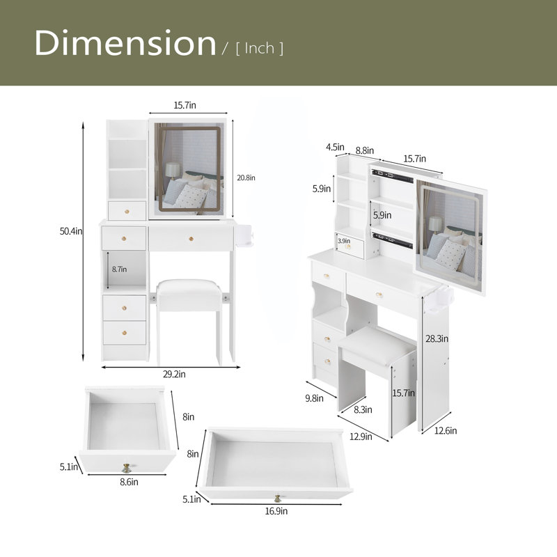 29.2" Small Size Left Drawer Desktop Vanity Table + Cushioned Stool, 2 AC+2 USB Power Station, Hair Dryer Bracket, Extra Large Touch Control Sliding LED Mirror, Tri-Color Switching, Brightness Adjust