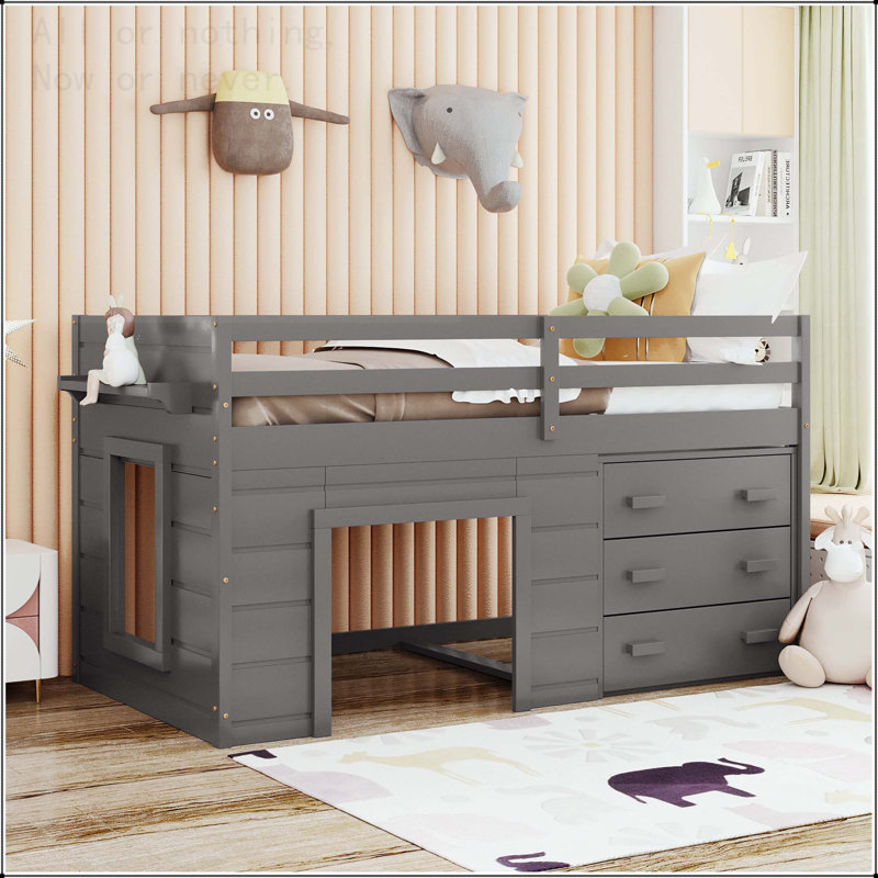 Lit mezzanine simple avec armoire de rangement et tablettes, Gris