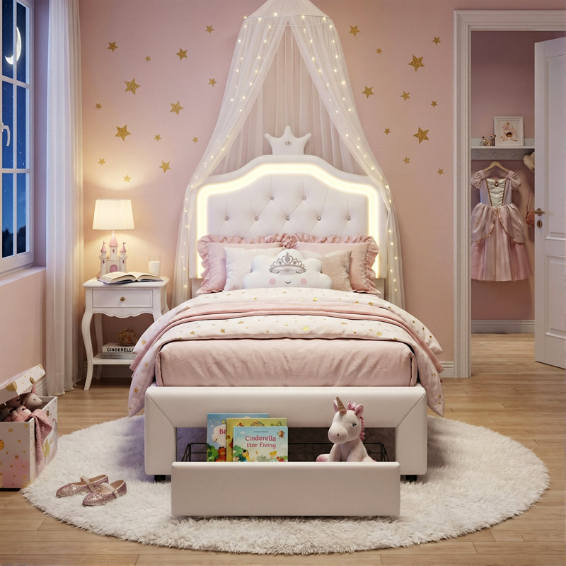 UK Single Princess Bed With LED Crown Headboard & Storage Drawer, Pink & White Faux Leather, White