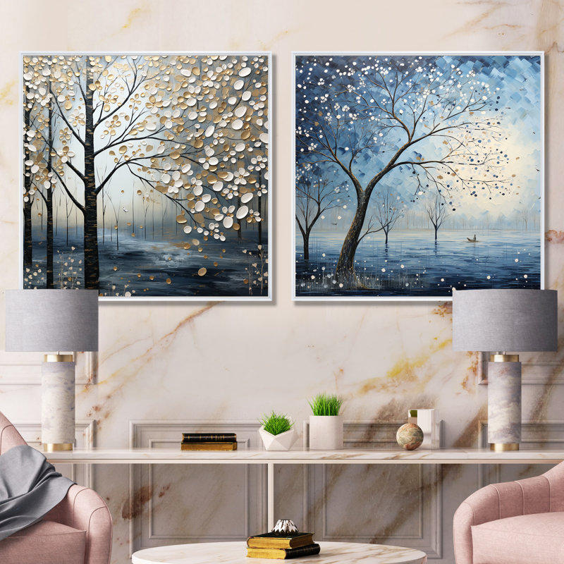«Blue Forest Tranquility In Winter I», ensemble de 2 impressions sur toile, Cadre blanc, H 36 po x l 73 po x P 1,5 po