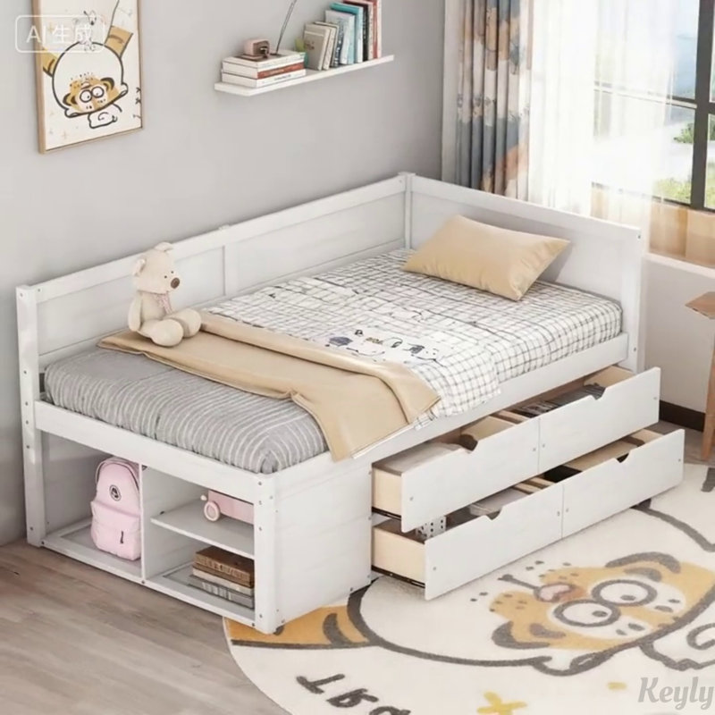 Elegant Daybed with Drawers and Shelves, Space-Saving and Stylish for Modern Living and Organization., Twin, White
