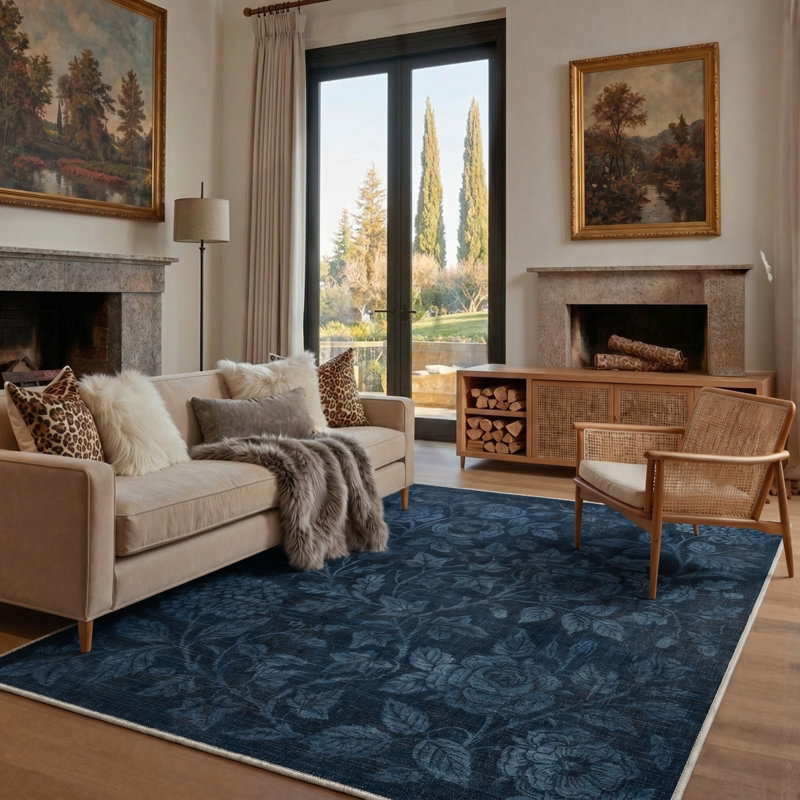 Fjord Modern Blue Indoor Floral Area Rug,Machine Washable, with Non-Slip Backing, Rectangle 9' x 12', Blue