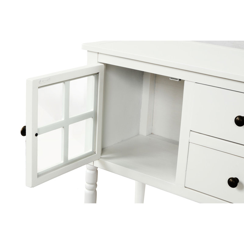 Console de salon en blanc - Buffet de rangement avec tablette inférieure intérieure spacieuse, deux armoires en verre, tiroirs, armoire en bois massif et en bois trempé (blanc), unité de conception, 2