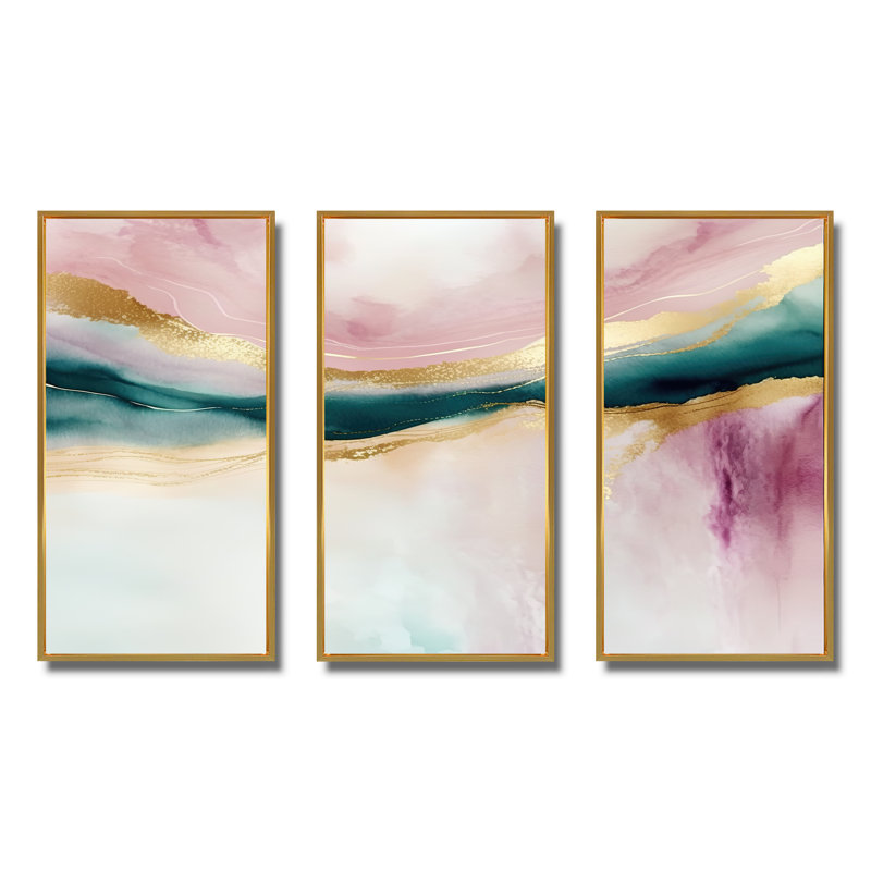 Géode abstraite rose et marbre vert IV - 3 pièces sur toile, H 28 po x l 36 po x P 1 po, Cadre flottant doré