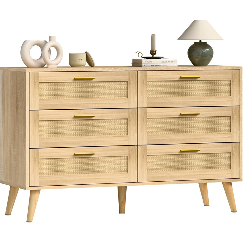 Commode 6 tiroirs en bois et rotin - commode boho moderne avec poignées dorées