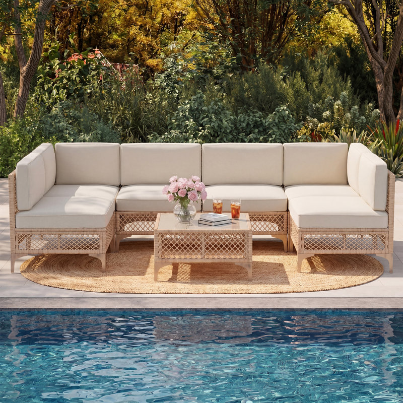 Ensemble de conversation modulaire à 6 places en osier de patio avec coussins, Beige