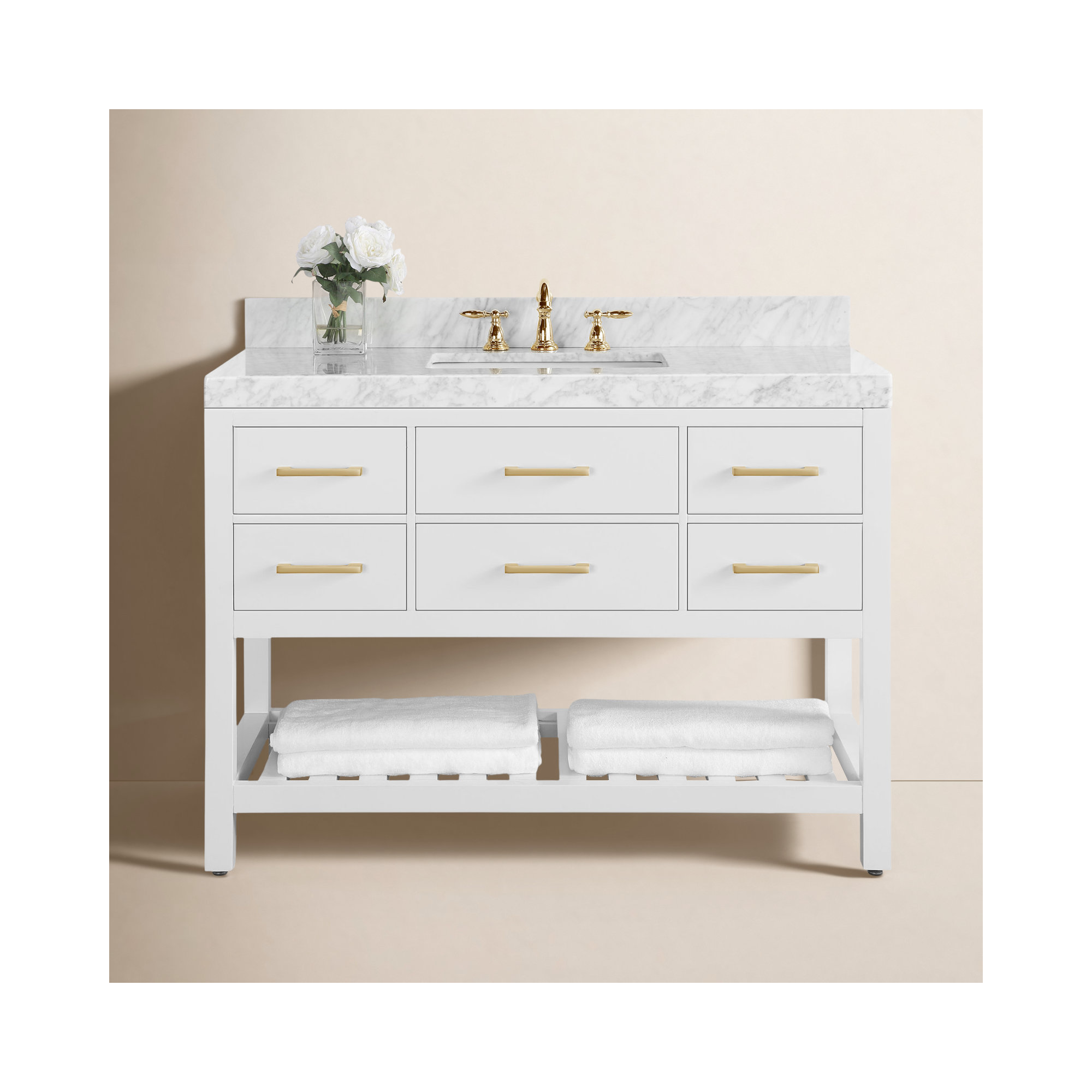 Carrie 48'' Single Bathroom Vanity, Heritage Blue/Brushed Gold, Carrara White Marble