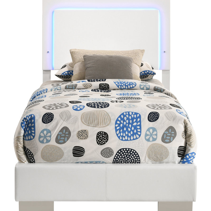 Lit simple avec surface blanche ultrabrillante, panneau lumineux à DEL, détails à lattes et quatre cadres de soutien robustes pour la chambre à coucher, 81 po de longueur de décor de colonnes, 48,5 po