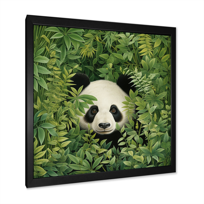 «Foliage Peekaboo Panda I», art mural animal panda, H 30 po x l 30 po x P 1,5 po, Cadre simple noir