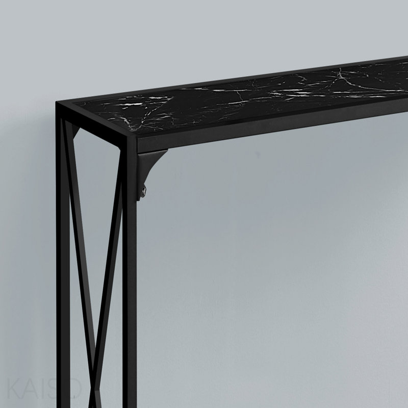 Narrow Sofa Console Table, Accent Entryway Living Room Bedroom, Black Marble Look Black Metal Contemporary Modern