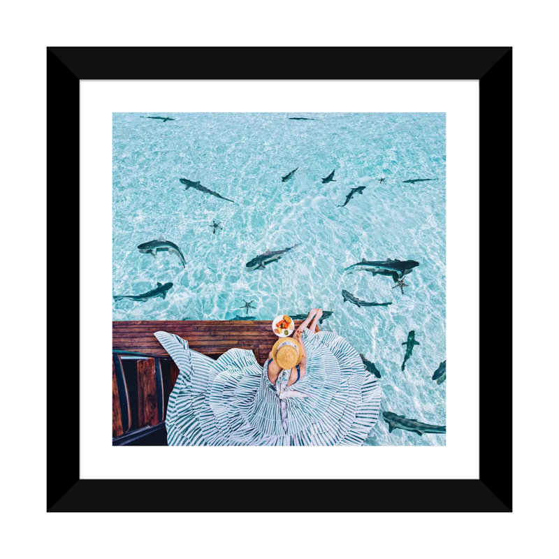 " Breakfast With Sharks " by Hobopeeba, White, 24" H x 24" W x 1" D, Black Framed Paper