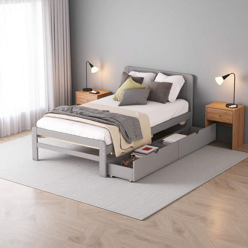 Modern Design Twin Size Platform Bed Frame With 2 Drawers, Grey