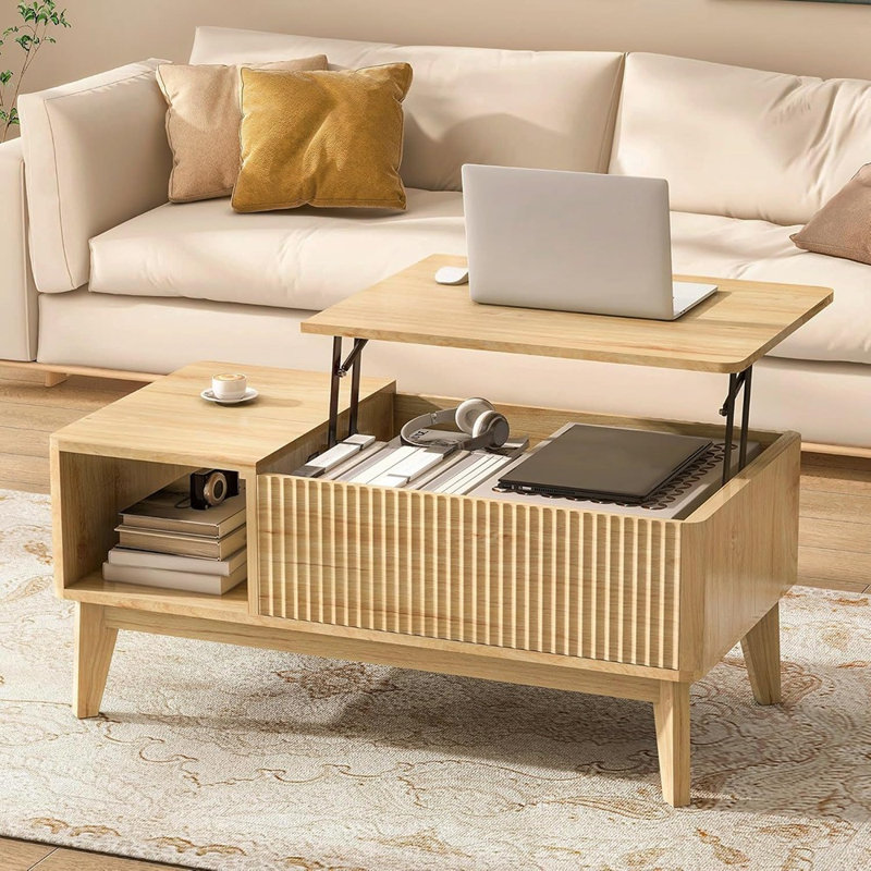 Table basse à plateau relevable cannelé avec rangement, centre de table moderne en bois naturel