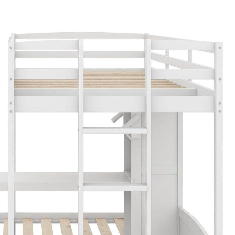 Lit superposé avec bureau intégré, tablettes de rangement et lampe de lecture, 3 lits dans un design compact, Blanc