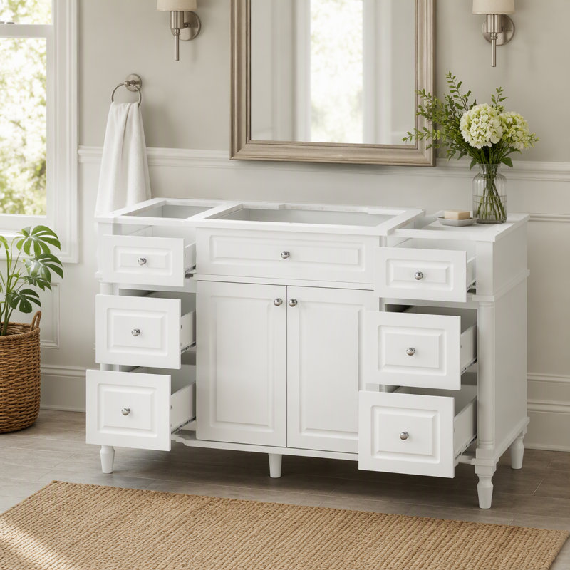 Meuble-lavabo autoportant de 47,2 po de style rétro sans lavabo, 6 tiroirs et 2 portes à fermeture douce