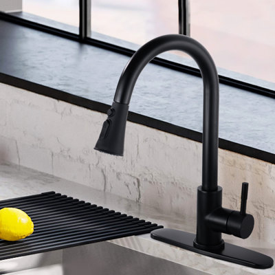 Stainless Steel Kitchen Faucet In Matte Black, Scratch- Finish, Pull Down Spray Head, 1.8Gpm Flow Rate Black With Steel, Rust & Spot , 360 Swiveling Spout,
